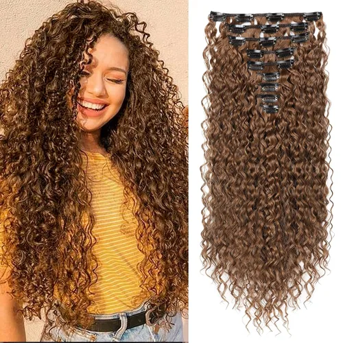 Miniatura 13 de LONAI Extensión de Cabello, 9 piezas, 56 cm de largo, castaño, extensiones de cabello rizadas con pinza, LN002, extensiones de cabello sintético