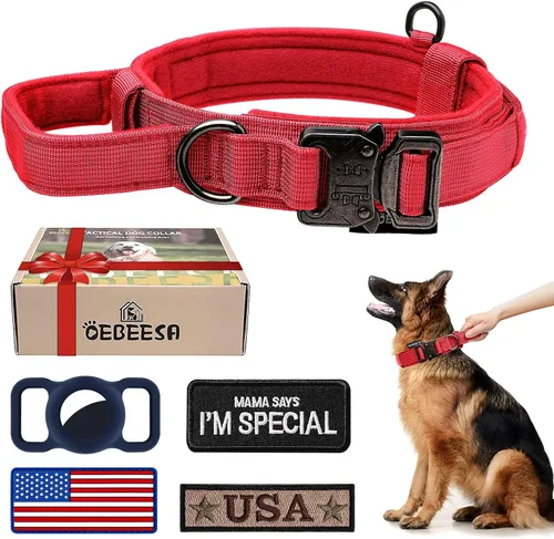 Miniatura 15 de Juego de collar y correa táctica para perro: collar de perro de nailon ajustable con asa que absorbe los golpes, correa retráctil fuerte para perros