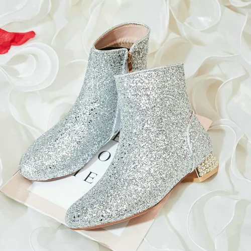 Miniatura 4 de Botines de lentejuelas para mujer, botines de tacón bajo con purpurina brillante