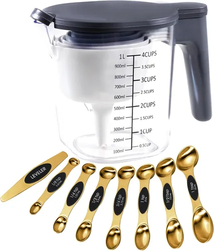 Miniatura 16 de Juego de 19 piezas de tazas medidoras y cucharas, incluye 10 tazas medidoras apilables con tapa y 9 cucharas medidoras magnéticas, cucharada para 19