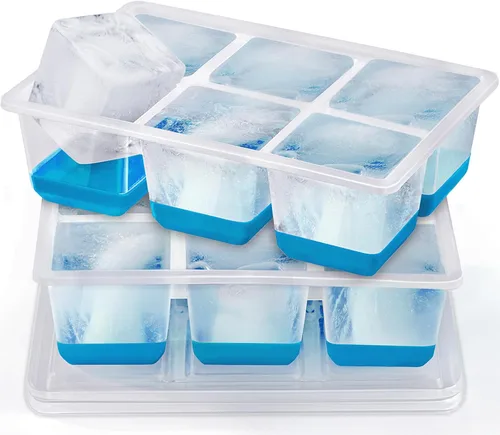 Miniatura 9 de Bandejas para cubitos de hielo, 2 unidades, moldes grandes de silicona para cubitos de hielo con tapa a prueba de fugas, marco de TPE transparente