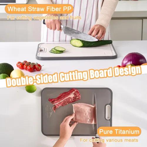 Miniatura 8 de Tabla de cortar de titanio de doble cara con paja de trigo PP lado para cocina, tabla de cortar antideslizante compacta mediana 15.2 x 10.5 pulgadas
