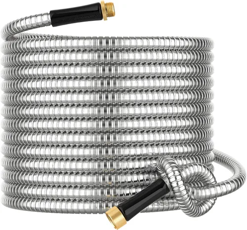 Miniatura 17 de Manguera de jardín de metal corta de 15 pies, adaptador de extensión de manguera pequeña de acero inoxidable para carrete de manguera, tubo de agua