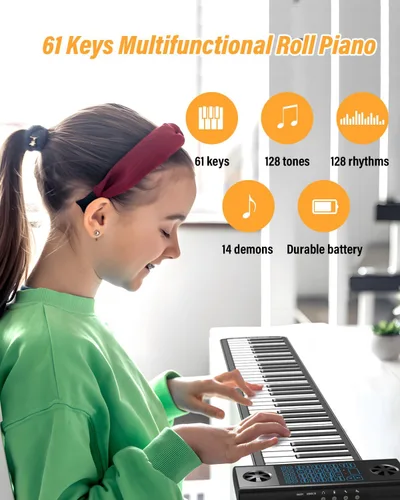 Miniatura 2 de KONIX Piano enrollable de 61 teclas, piano portátil mejorado para principiantes con Bluetooth/MIDI, teclado de piano enrollable de silicona
