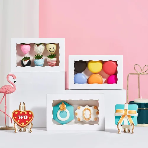 Miniatura 4 de RomanticBaking Paquete de 50 cajas de galletas blancas de 7 x 4 3/8 x 1 1/2 pulgadas, cajas de panadería resistentes con ventana, cajas de macarrón