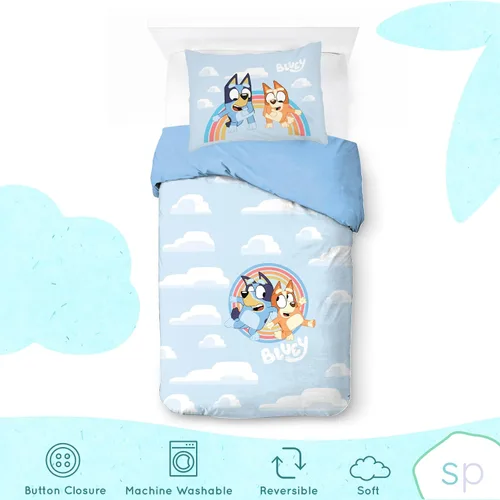 Miniatura 3 de Saturday Park - Juego de edredón y funda de almohada para cama individual de Bluey y Bingo con nubes arcoíris - Juego de 2 piezas 100% algodón