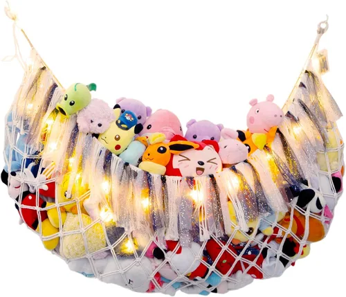 Miniatura 12 de Hamaca grande de animales de peluche con luz montada en la pared, hamaca Squishmallow de peluches, organizador de juguetes, hamaca de macramé