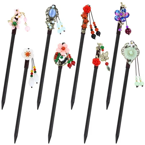 Miniatura 10 de inSowni 8 piezas vintage retro asiático, japonés, chino, tradicional, Hanfu con flores de madera con colgantes de cuentas, horquillas