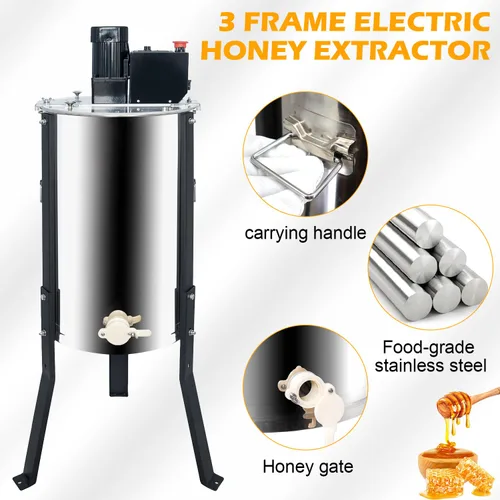 Miniatura 2 de Honey Lake Extractor eléctrico de miel de 3 marcos, tambor de acero inoxidable, velocidad y altura ajustables, motor silencioso de 140 W, tapa