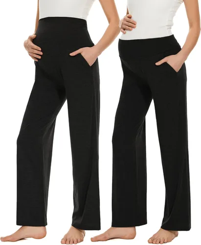 Miniatura 8 de Ecavus Pantalones de maternidad anchos y rectos para mujer, versátiles, cómodos, palazzo, elásticos, con bolsillos