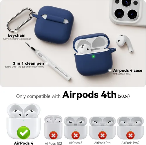 Miniatura 2 de Funda para AirPods 4 2024, viene con kit de limpieza, funda protectora de silicona suave para fundas Apple AirPods de 4ª generación con llavero