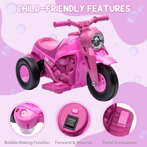 Miniatura 4 de Hetoy - Coche de burbujas para niños, motocicleta eléctrica de 6 V con batería de 1.9 MPH de velocidad con faros LED, música, pedal, Rosa