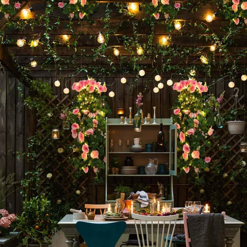Miniatura 5 de RECUTMS Flores Colgantes Artificiales de Rosa 2 Piezas 1 Metro para Exteriores con 30 Luces de Hadas LED en Forma de Cadena Falsa para Exteriores