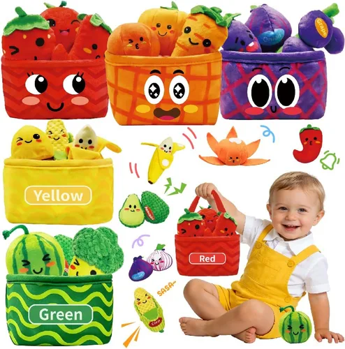 Comida de juguete para niños pequeños de 1 a 3 años, cesta de frutas y verduras, sonajero de clasificación de color, juego de comida chirriante y