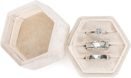 WantGor Caja de joyería de terciopelo para anillos, caja de regalo con 3 ranuras, caja de regalo para anillos hexagonales vintage, para ceremonia de