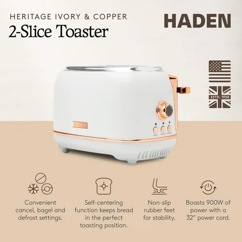 Miniatura 2 de Haden Heritage Tostadora de ranura ancha de 2 rebanadas, tostadora de pan de acero inoxidable con control de tostado ajustable, bandeja para migas