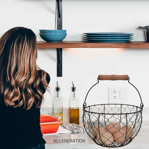 Miniatura 3 de TAIANLE. Cesta de huevos de alambre con mango de madera, cesta de recolección de huevos de granja con capacidad para 1-3 docenas – encimera