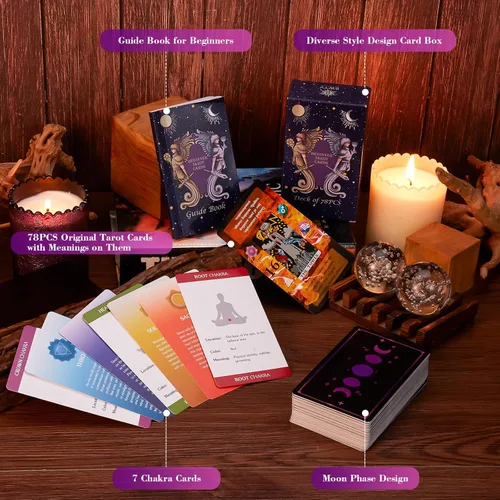 Miniatura 3 de BWTY - Juego de cartas de tarot con libro guía y 7 cartas de chakras. Tarot de aprendizaje para principiantes con significados en ellas, palabras Oro