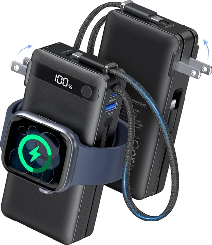 Cargador portátil con cables integrados y enchufe de pared, 50% más pequeño 10000 mAh, cargador de batería USB C de 22.5 W, batería esencial de