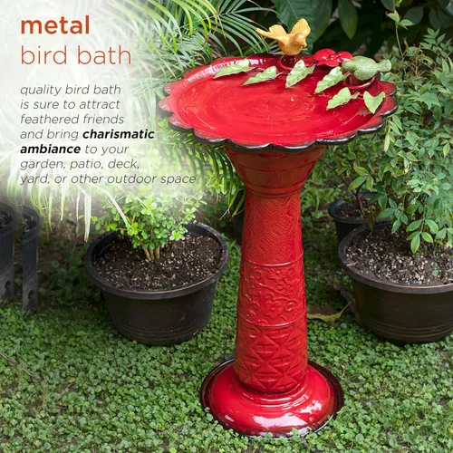 Miniatura 4 de Alpine Corporation - Baño de pájaros de metal para exterior de 28" de alto con estatua de jardín de ardillas y hojas, rojo – Impresionante acento