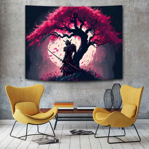 Miniatura 7 de Ine Ive GTDWIE0297 - Tapiz samurái japonés para estética de dormitorio, luna llena, árbol de cerezo, 40 x 30 pulgadas, arte japonés para dormitorio