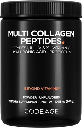 Codeage Polvo de péptidos de colágeno múltiple + probióticos edición negra, vitamina C, suplemento en polvo de ácido hialurónico, alimentado con