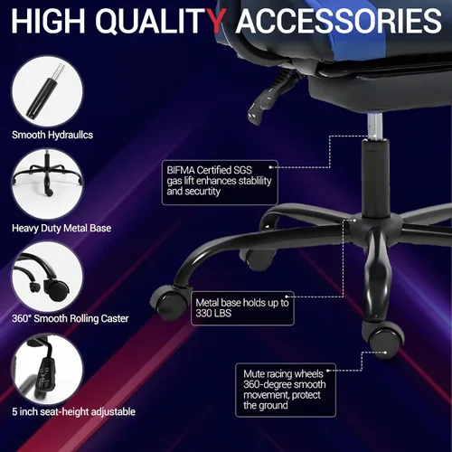 Miniatura 7 de Silla para juegos con reposapiés, silla de escritorio ergonómica para PC con reposacabezas y soporte lumbar de masaje, silla de videojuegos