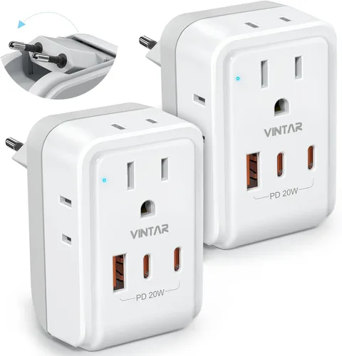 Miniatura 7 de Paquete de 2 adaptadores de enchufe de viaje europeo, VINTAR Adaptador de alimentación internacional plegable con 4 tomas de corriente AC, 3 puertos