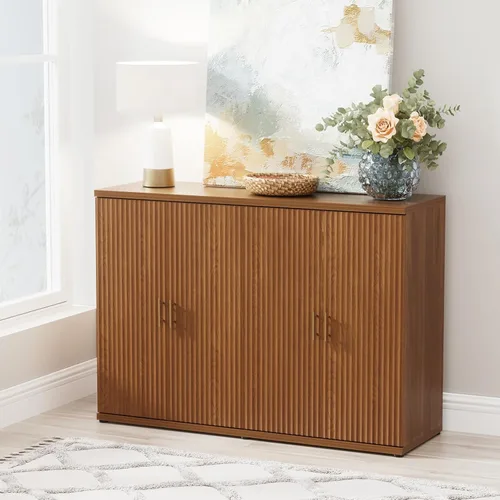 Yechen Armario de buffet acanalado con acento de nogal con almacenamiento y 4 puertas, armario de almacenamiento Mordern Credenza con estantes