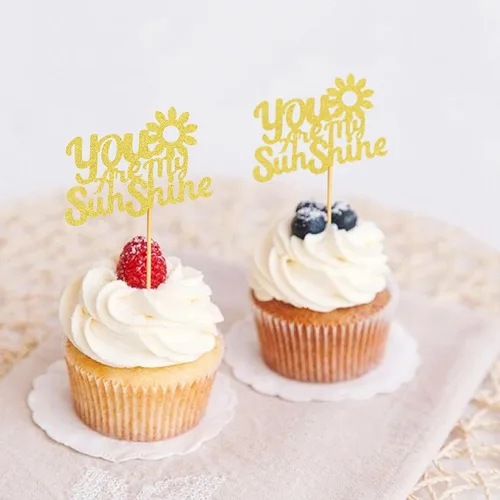 Miniatura 6 de 24 adornos dorados con purpurina para cupcakes con texto en inglés "You are My Sunshine", para baby shower, baby shower, revelación de género