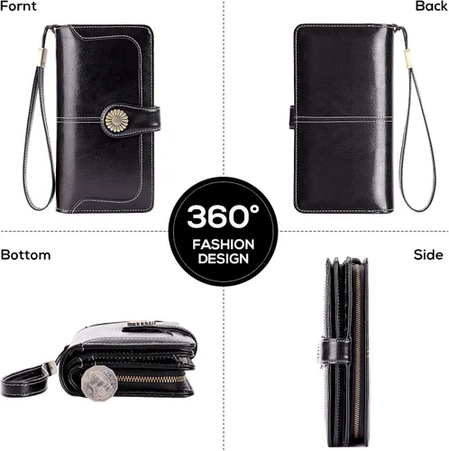 Miniatura 5 de INSIFEEL Billetera pequeña para mujer, bolso compacto de cuero con bloqueo RFID RFID para mujer, Negro, Retro