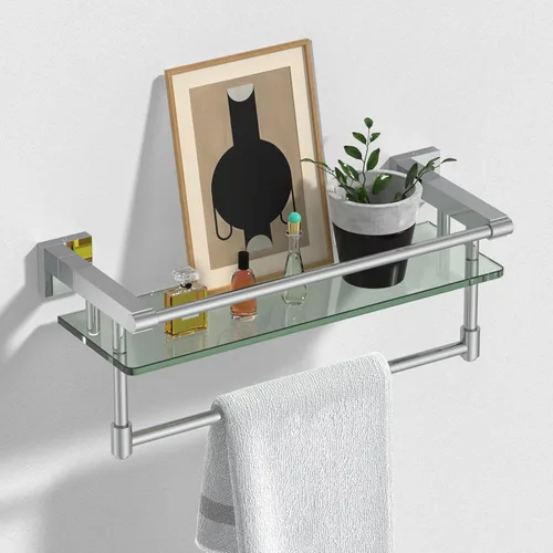 Miniatura 15 de Estante de baño de vidrio con barra para toallas, barra para toallas de acero inoxidable templado/estantes de baño de vidrio templado con riel