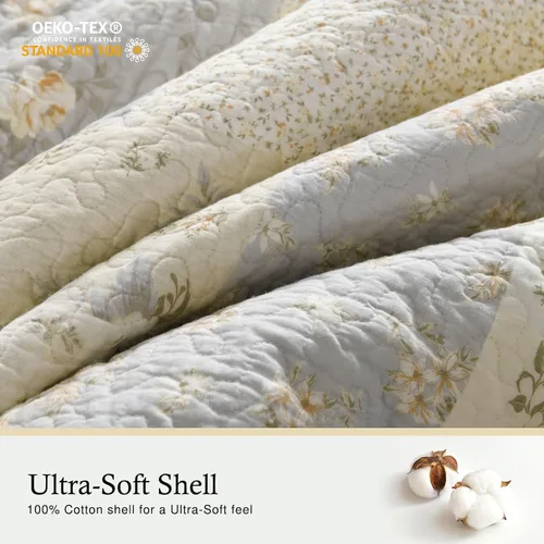 Miniatura 3 de Colcha de tamaño Queen extragrande de 102 x 120 pulgadas, 100% algodón, ligera, extra grande, tamaño Queen con 2 fundas de almohada, colcha Beige