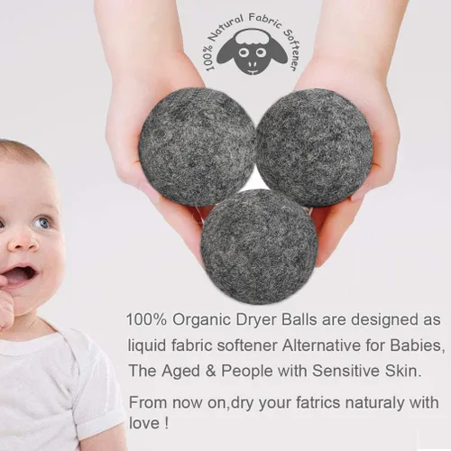 Miniatura 3 de Budieggs Bolas secadoras de lana gris oscuro XL, paquete de 6, suavizante de tela 100% orgánico de Nueva Zelanda para más de 1000 cargas, seguras