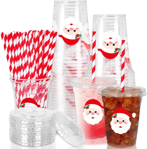 Miniatura 26 de Whaline 50 vasos de plástico desechables patrióticos de 12 onzas con tapas y pajitas con la bandera estadounidense del 4 de julio, vasos