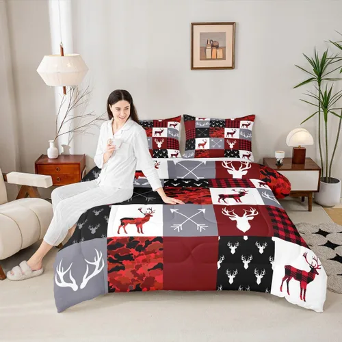 Miniatura 73 de Juego de edredón de cuernos de ciervo tamaño individual, juego de ropa de cama rústica de granja con huellas de oso y pinos para decoración