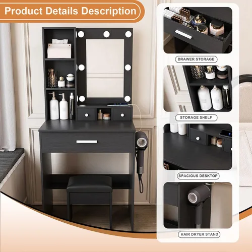 Miniatura 2 de Pequeño juego de tocador de maquillaje con espejo, tocador de maquillaje compacto con luces LED ajustables y toma de corriente, para dormitorios