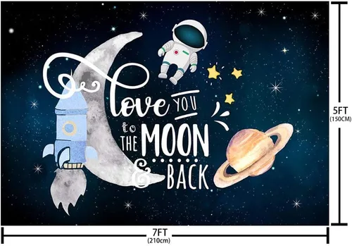 Miniatura 4 de MEHOFOND Telón de fondo Love You to The Moon and Back, decoración de fiesta de baby shower, espacio exterior, cohete astronauta, pastel