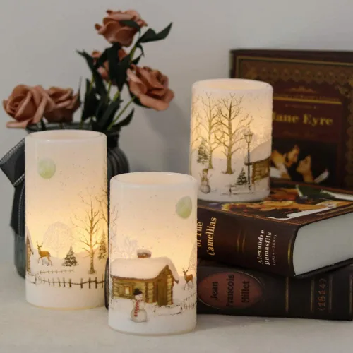 Miniatura 8 de Eldnacele Velas de Navidad sin llama con muñeco de nieve, parpadeantes, con temporizador de ciclo diario automático, velas LED de pilas blancas