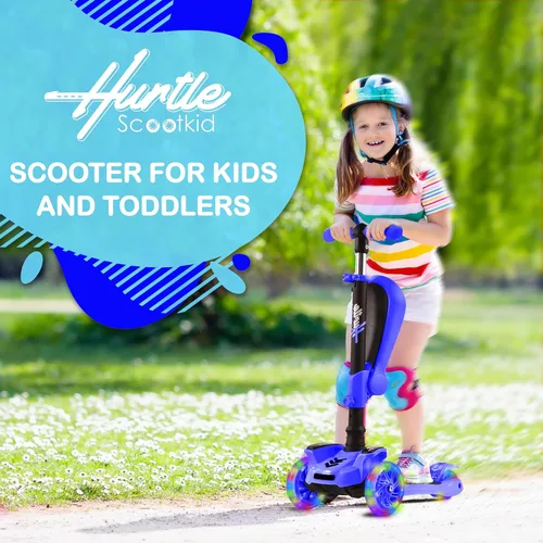 Miniatura 3 de Hurtle Patinete de 3 ruedas para niños, luces LED de ruedas, manubrio ajustable de inclinación para dirigir y asiento plegable, paseo sentado
