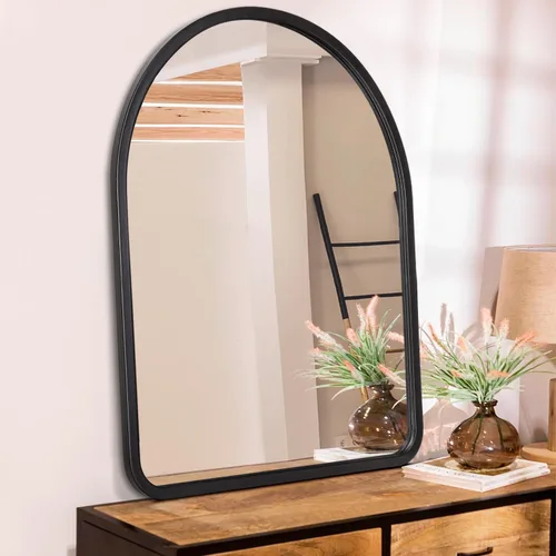Espejo de pared arqueado negro con marco de madera rústica antigua para el nuevo hogar, tocador, granja, baño, dormitorio, entrada, pasillo, pequeño
