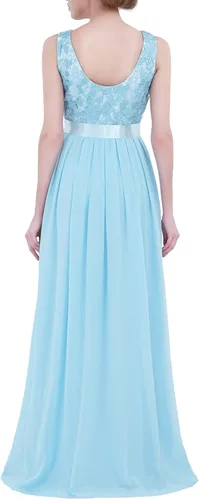 Miniatura 3 de Yartina Vestido largo de noche de gasa con encaje floral de ganchillo para mujer