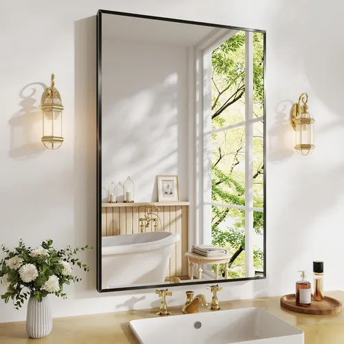 Miniatura 42 de Koonmi Espejo de baño, 30 x 30 pulgadas, espejo con marco de metal negro para baño, vidrio templado, antioxidante, espejo rectangular redondeado