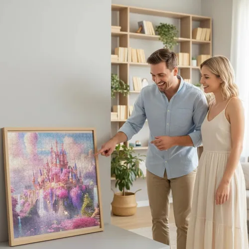 Miniatura 6 de Rompecabezas de arte de fantasía de castillo rosa de ensueño de 1000 piezas con letras en la parte posterior, rompecabezas de cascada de cerezo