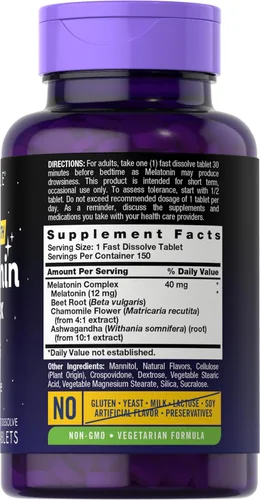 Miniatura 3 de Carlyle Complejo de melatonina de 40 mg 150 tabletas de disolución rápida Soporte extra fuerte con ashwagandha y manzanilla Vegetariano, sin