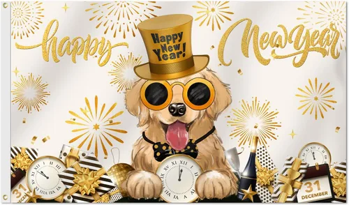 SENSEVEN Bandera de perro Golden Retriever de 3 x 5 pies, de doble cara, pancarta de invierno para exteriores, Año Nuevo, reloj de fuegos
