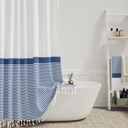 Miniatura 14 de Cortina de ducha Dynamene de tela color beige, cortina de ducha rústica/bohemia a rayas con borlas para baño, juego de cortinas de tela texturizada