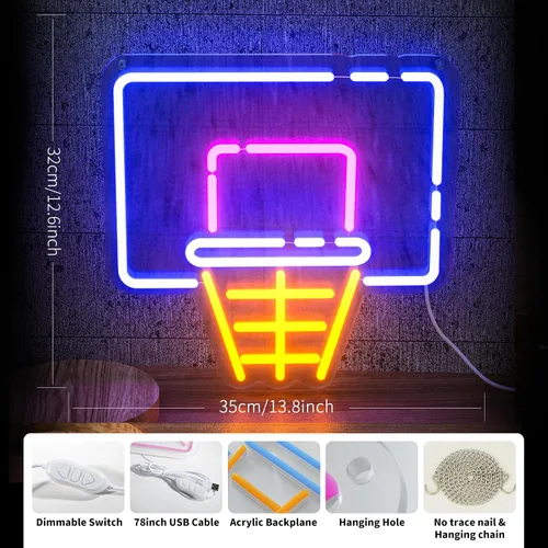 Miniatura 3 de Letrero de neón de aro de baloncesto para decoración de pared, letrero de luz LED regulable con control de brillo para fanáticos de los deportes