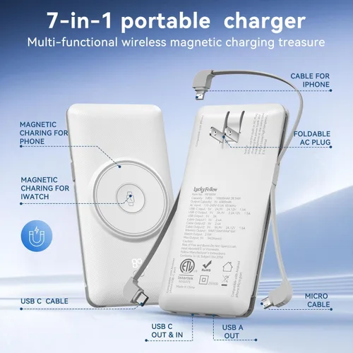 Miniatura 3 de Cargador portátil magnético de 10000 mAh para iWatch e iPhone, banco de energía inalámbrico de carga rápida USB C de 22.5W con cables integrados
