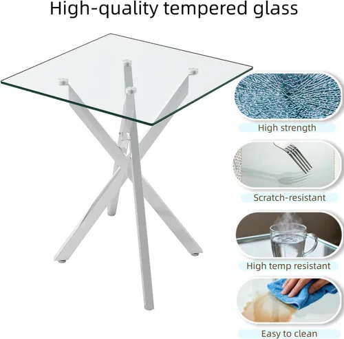 Miniatura 6 de Juego de 2 mesas auxiliares de cristal, mesa auxiliar cuadrada moderna con vidrio templado transparente y marco de metal cromado plateado, mesita